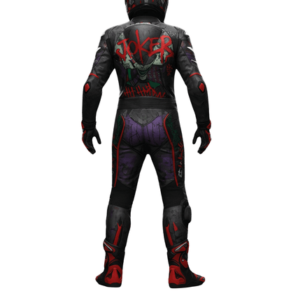 Motorcycle suit with 'Joker' design on a white background
