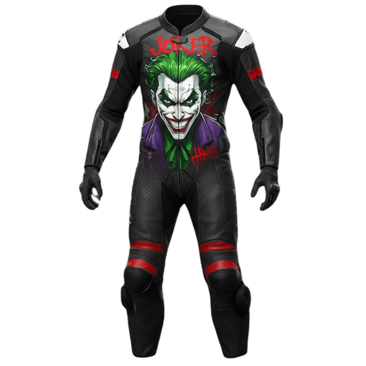 Front view of Joker-themed motorcycle leather suit with CE-certified armor
