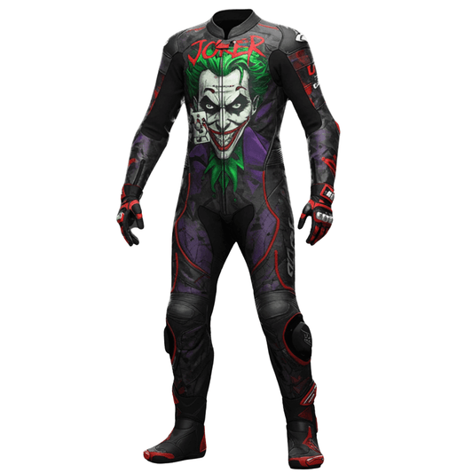 Joker-themed motorcycle suit with colorful design on a white background