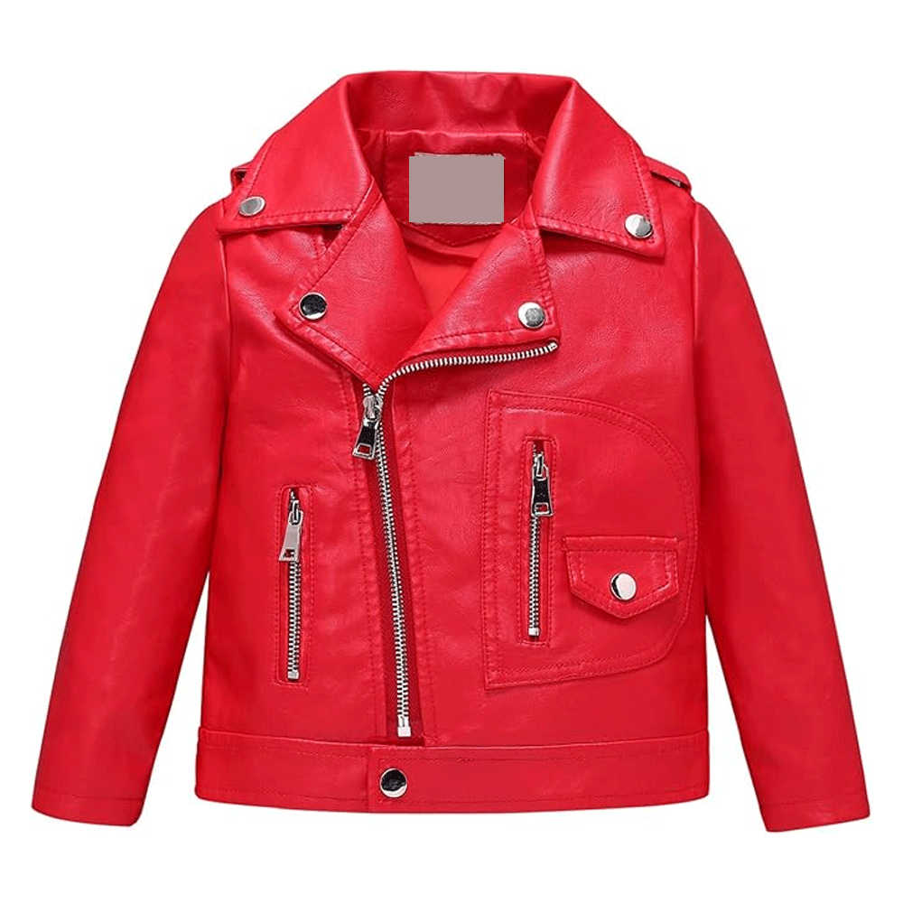 A red leather motorcycle jacket for kids with a zipper and CE approved padding at the elbows, shoulders, and back.