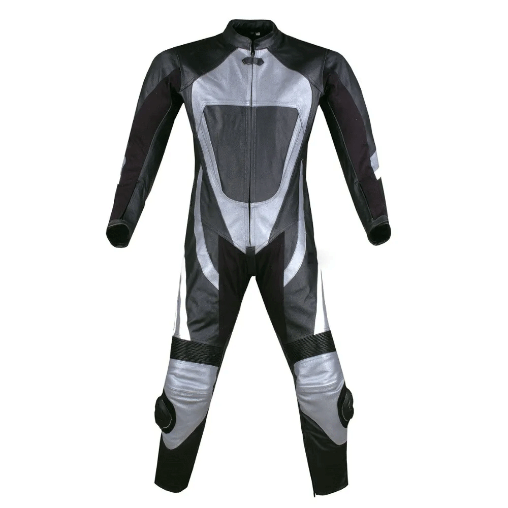 A black and silver motorbike leather suit with Schoeller Keprotec stretch inserts and a mesh lining.