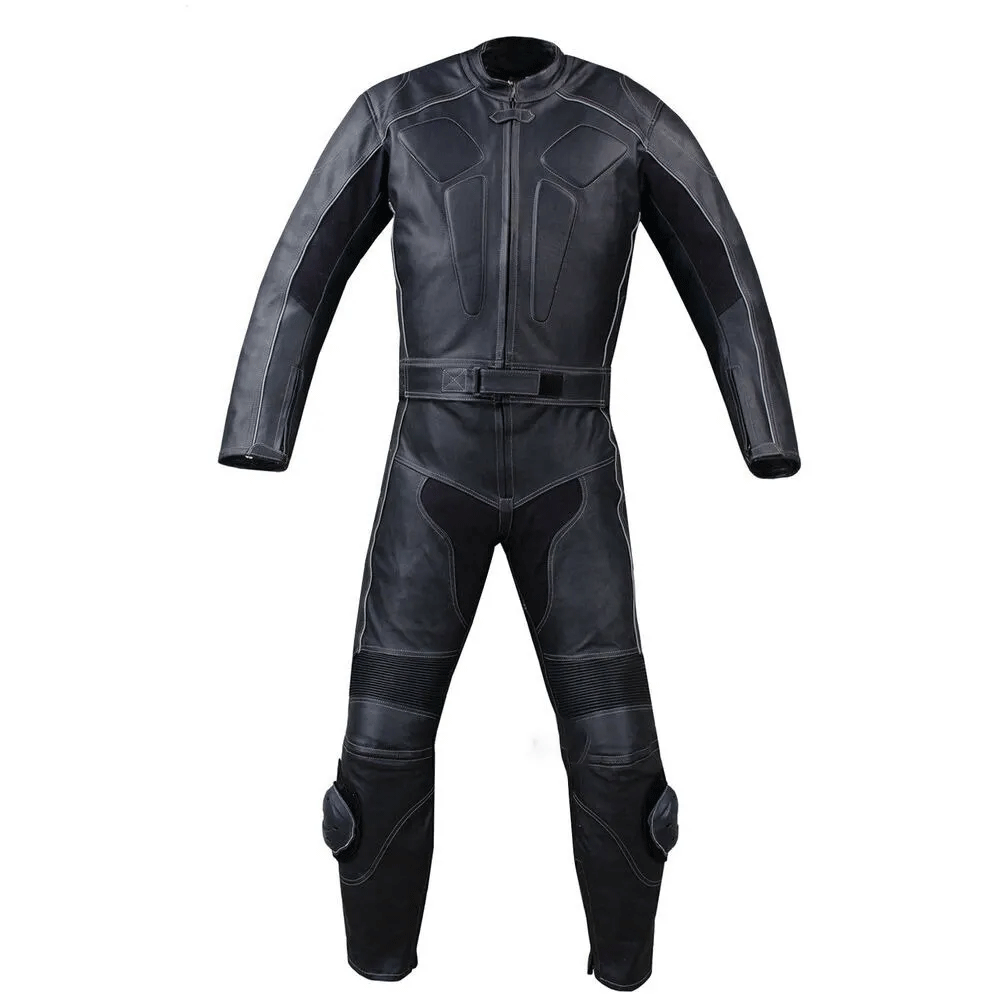 A black one-piece leather motorbike suit with metal armor inserts on the back and thighs, featuring a high collar, long sleeves, and reinforced sections.