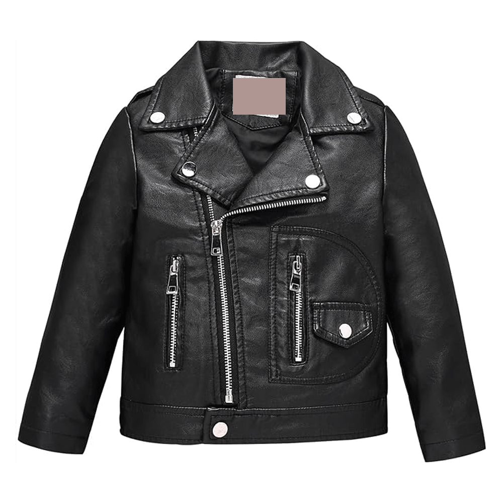 A black leather motorcycle jacket for kids with a zipper and CE approved padding at the elbows, shoulders, and back.
