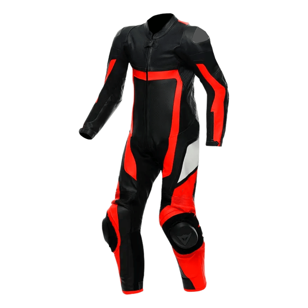 A black and red leather motorcycle suit with long sleeves and reinforced sections on the back and thighs.