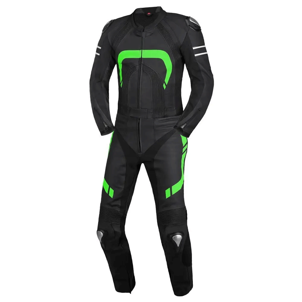 A black leather motorbike suit with green and gray accents, featuring metal armor and air vents.