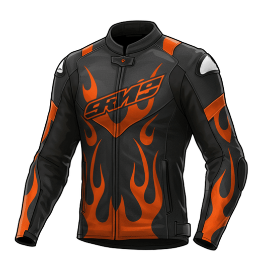 Front view of KTM-inspired black and orange leather motorcycle jacket with flame design.