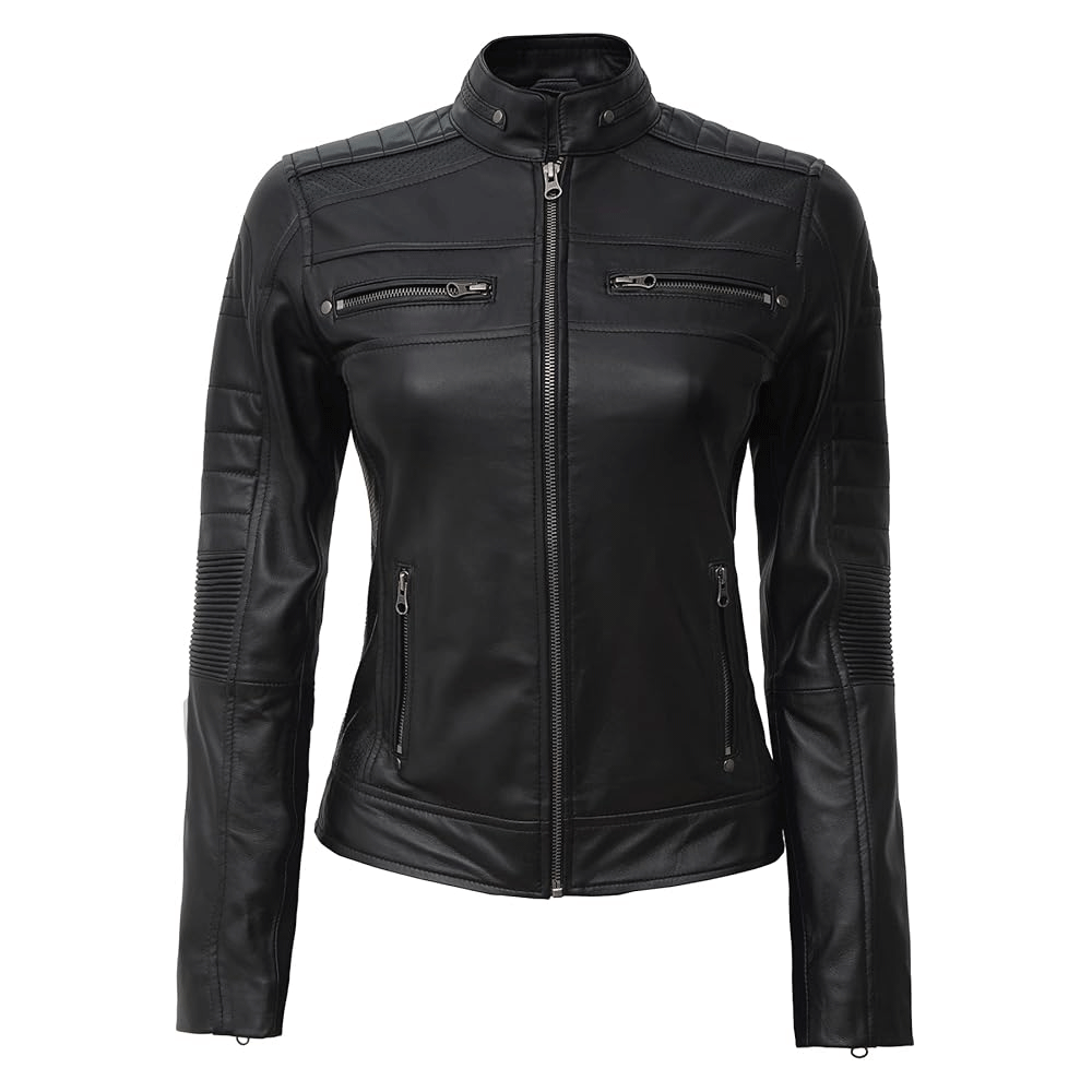 A black leather motorcycle jacket for women with a mandarin collar, zipper details, and padded areas at the elbows, shoulders, and back.