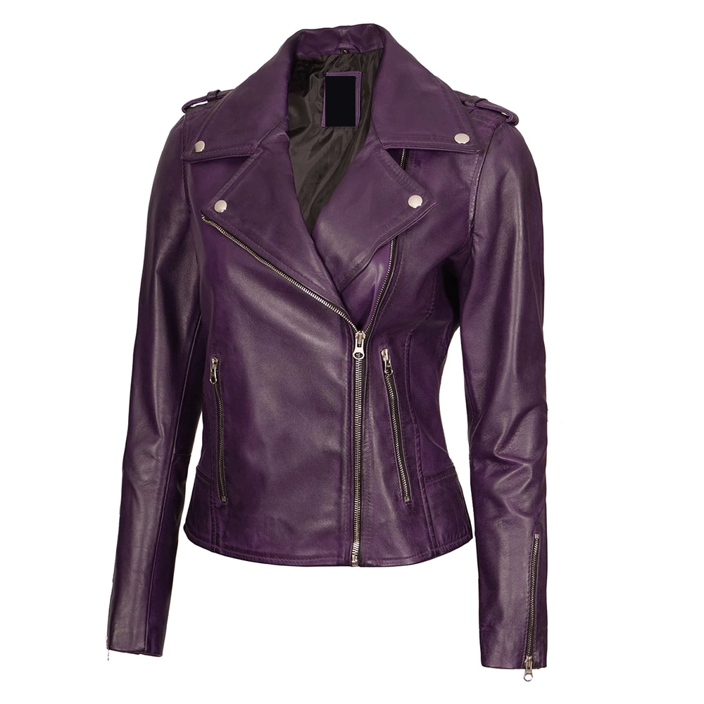A purple ladies leather motorcycle jacket with a mandarin collar, zipper details, and padded elbows, shoulders, and back.