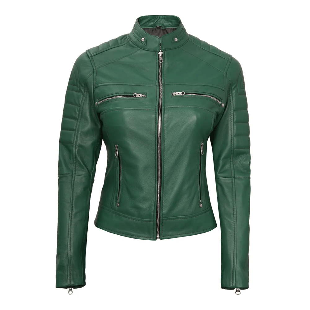 A green leather motorcycle jacket with a mandarin collar, zippered front, and quilted sleeves.