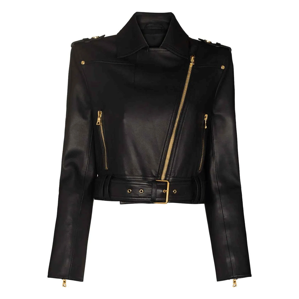Black leather motorcycle jacket with gold-tone zippers and padding at the elbows, shoulders, and back.