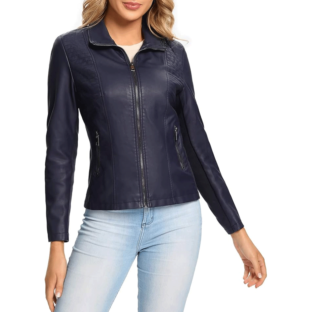 A woman wearing a navy blue leather motorcycle jacket with a zipper and padding on the elbows, shoulders, and back.