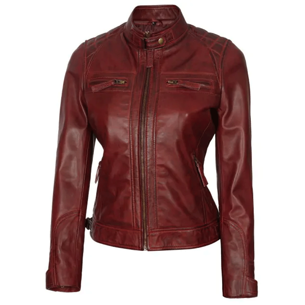 A red leather motorcycle jacket with a mandarin collar, zipper details, and front pockets.