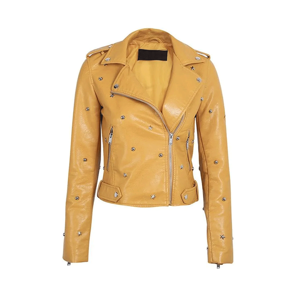 A yellow leather motorcycle jacket with spiked details and a zipper front.