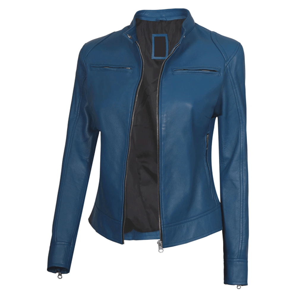 A blue and black leather motorcycle jacket with a mandarin collar, zippered front, and padding at the elbows, shoulders, and back.