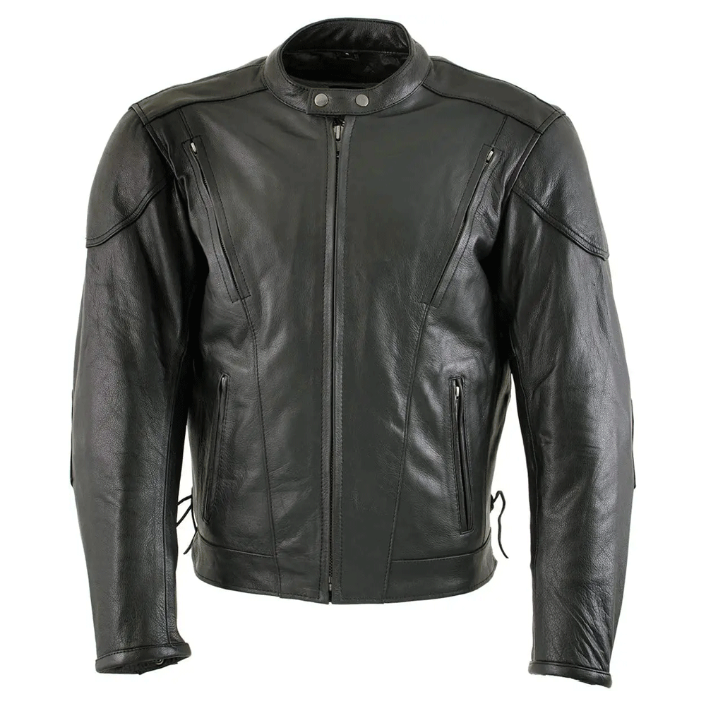 A black leather motorcycle jacket with a standing collar, zipper front, and embroidered leather applique on the arms and back.