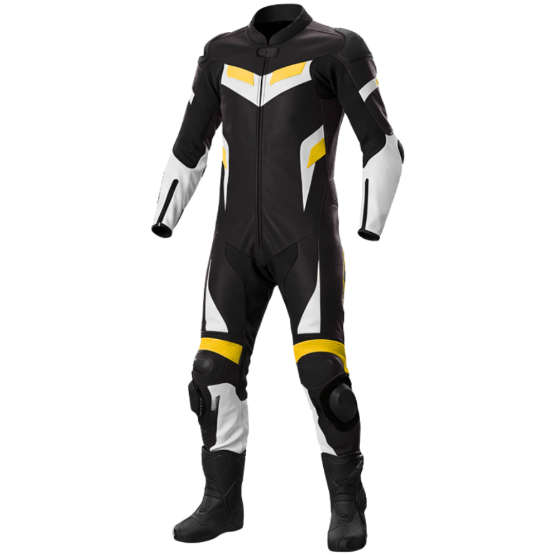 Black, white, and yellow motorcycle racing suit on a white background