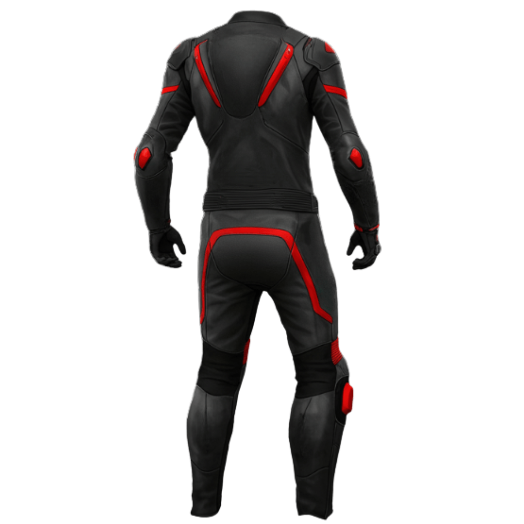 Black leather motorcycle suit with red accents on a white background