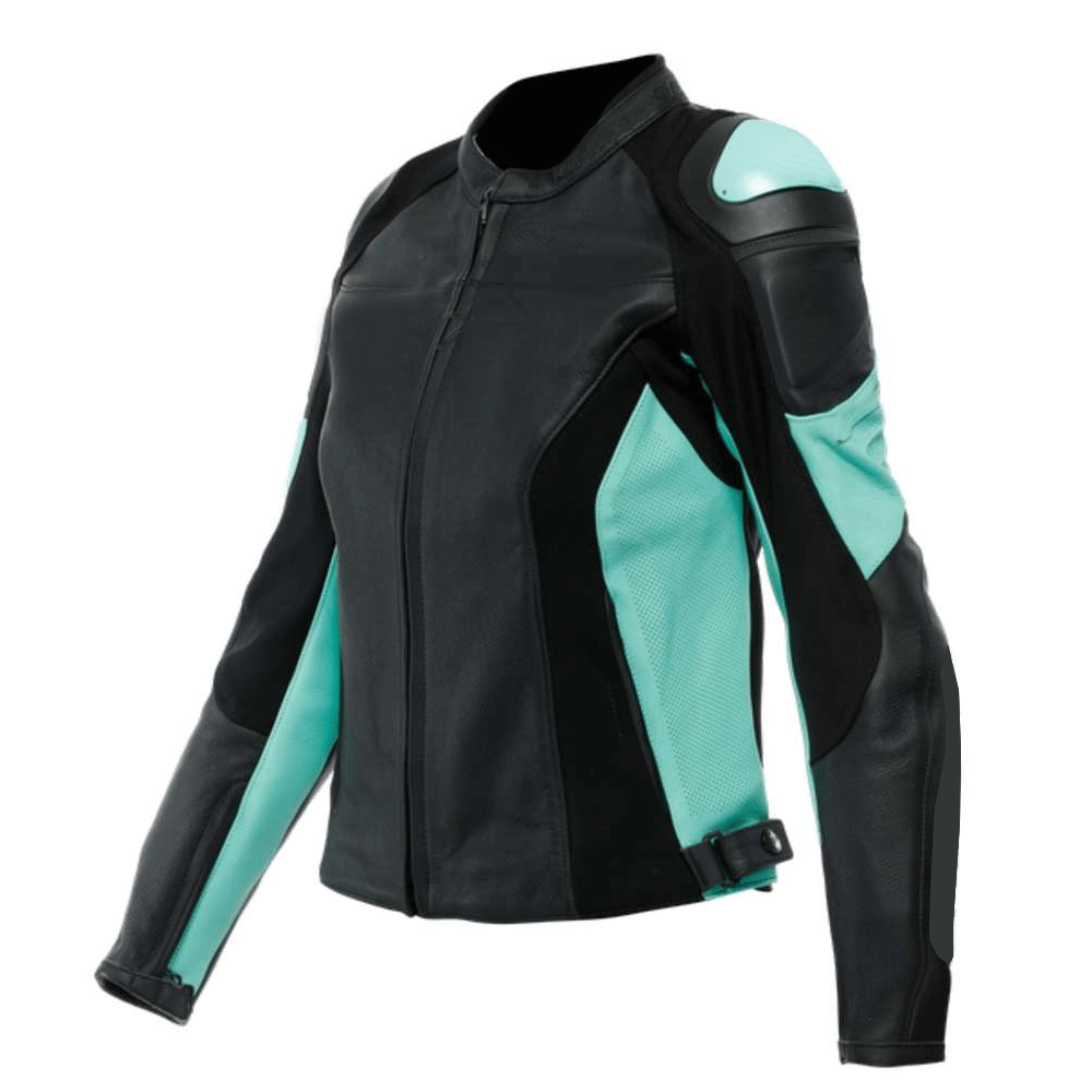 Women's motorcycle jacket with black, blue, and green leather panels on a mannequin torso.