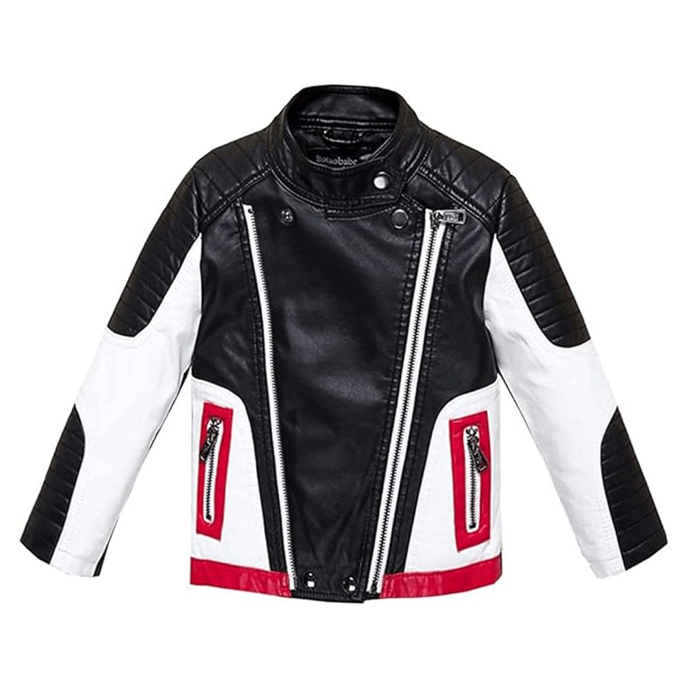 Kids leather jacket in black with white and red accents, featuring a zipper front and padding at the elbows, shoulders, and back.