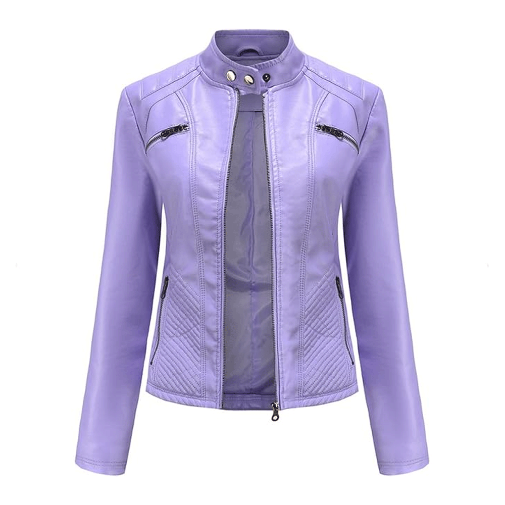 A purple Turbo ladies leather motorcycle jacket with a mandarin collar, zipper details, and padded areas on the elbows, shoulders, and back.