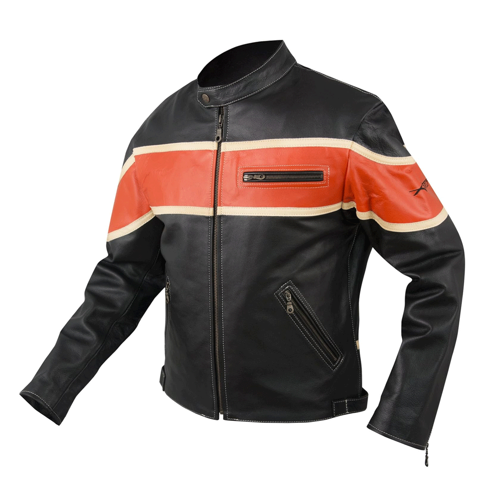 A black leather motorcycle jacket with orange and brown stripes, featuring a front zipper and pockets on the elbows and shoulders.