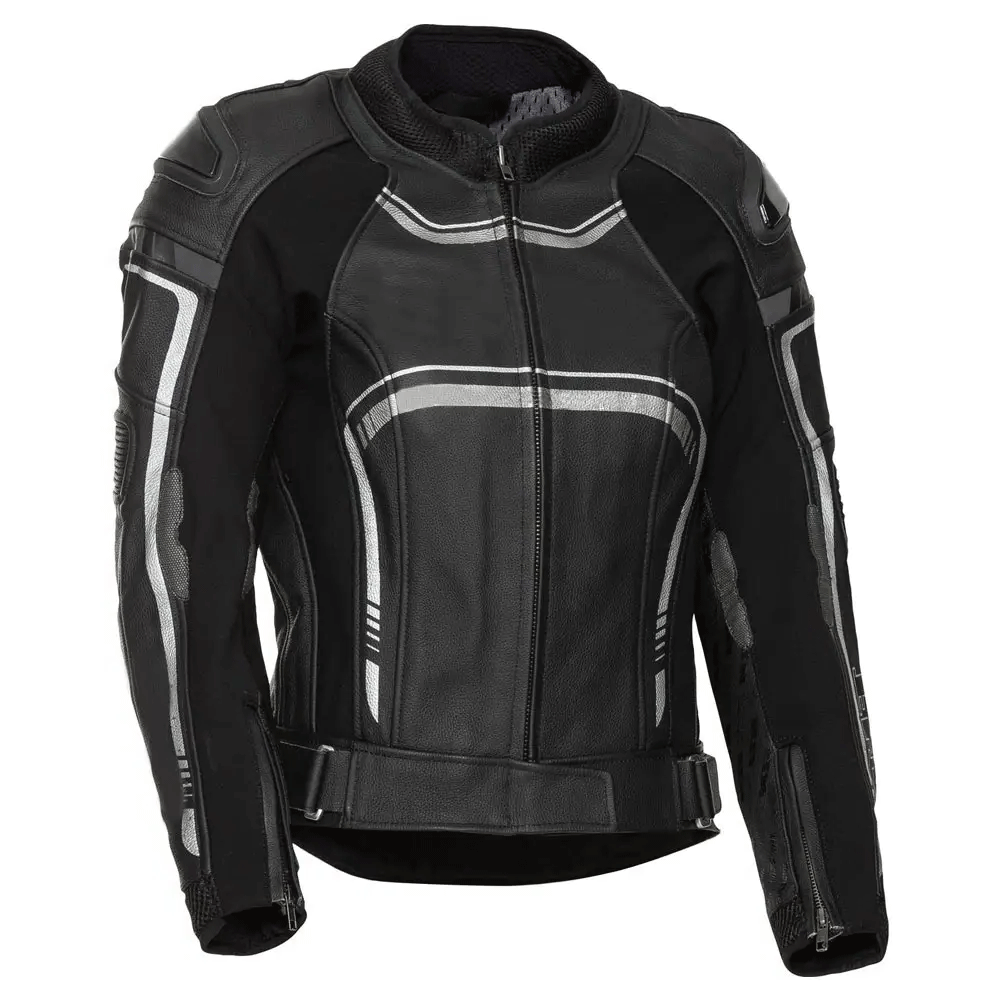 A black leather motorcycle jacket with embroidered leather applique graphics, pockets at elbows and shoulders, and a distinctive orange stripe design.