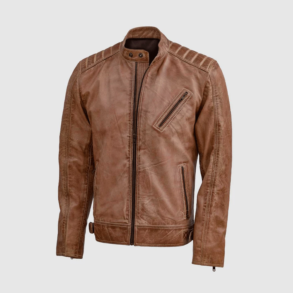 A brown leather motorcycle jacket with a mandarin collar, zipper pockets on the elbows and shoulders, and embroidered leather applique on the arms and back.
