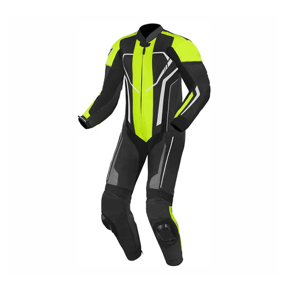 A black and green motorcycle race suit with metal armor and air vents
