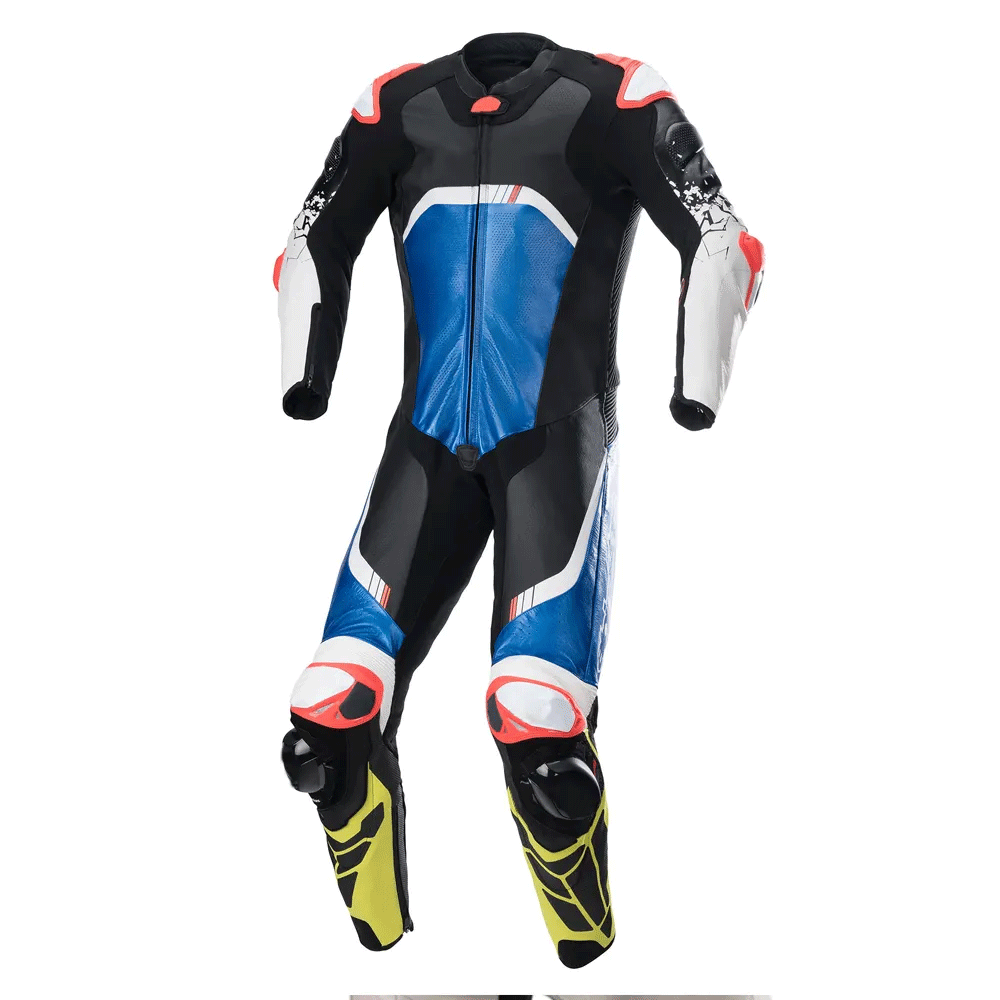 A black, blue, and red motorcycle race suit with leather and mesh elements, featuring armor and branding on the chest, back, and thighs.