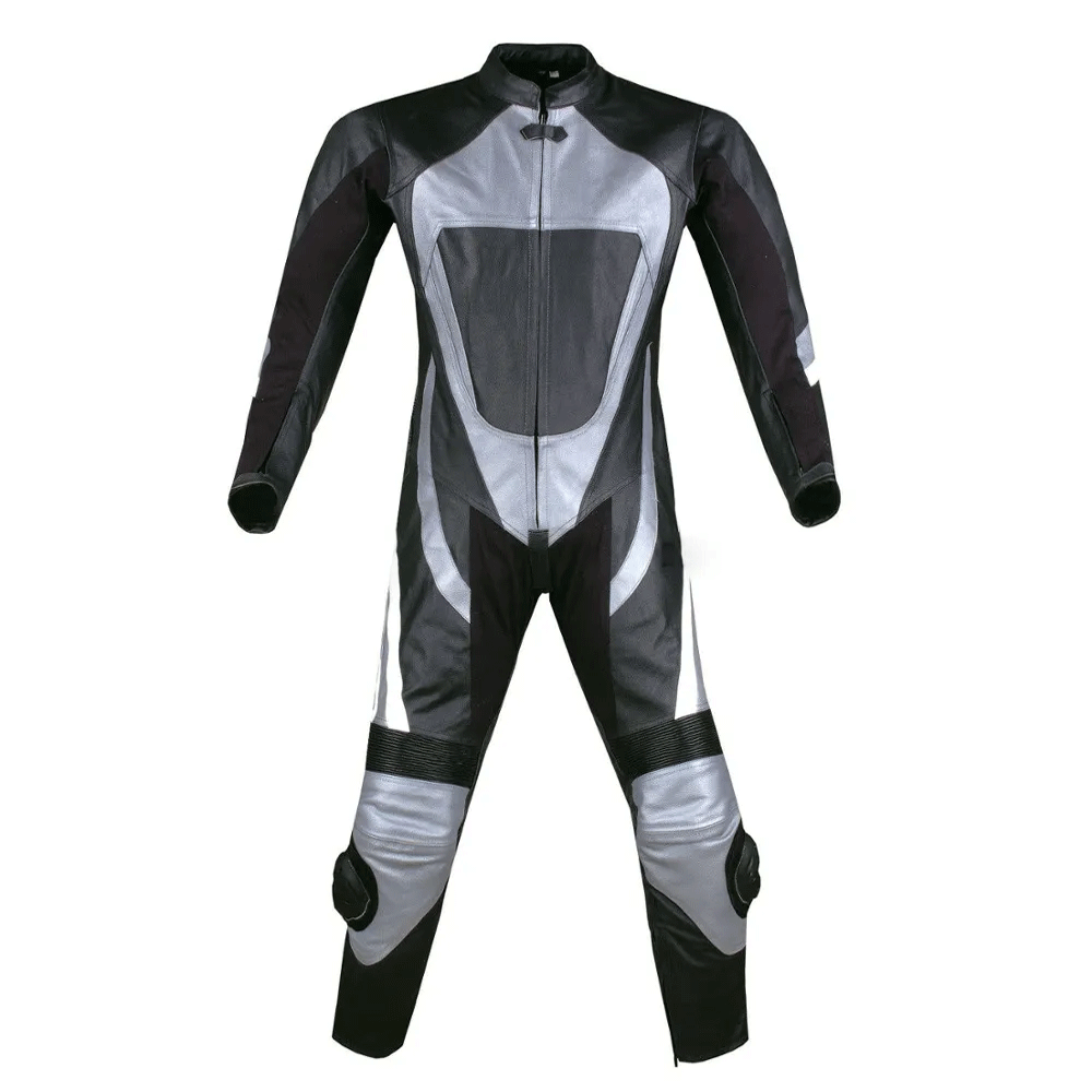 A motorcycle leather suit featuring silver and black panels with metal armor and air vents, designed for professional racing.