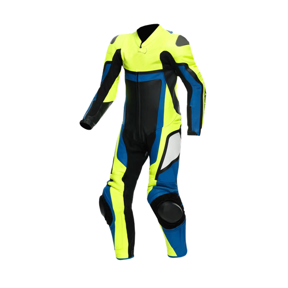 A motorcycle race suit featuring a high-neck design, long sleeves, and reinforced panels with a bold yellow and blue color scheme.