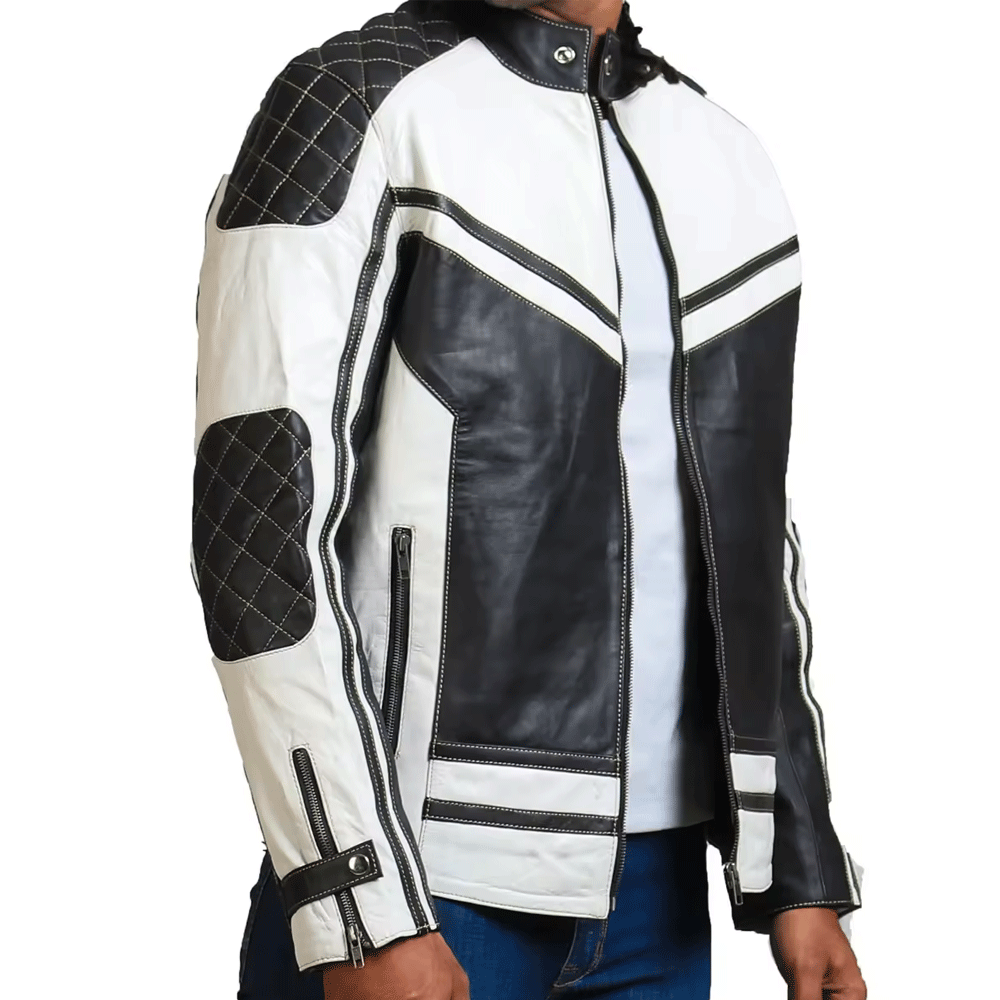 Turbo Silver Black Leather Motorcycle Jacket