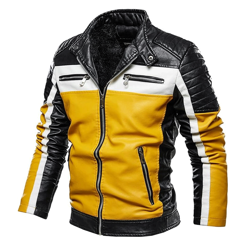 A black and yellow Turbo Men leather motorcycle jacket with a mandarin collar, embroidered leather applique graphics, and a front zipper.