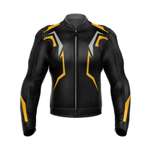 Load image into Gallery viewer, Turbo Yellow Black Leather Motorcycle Jacket
