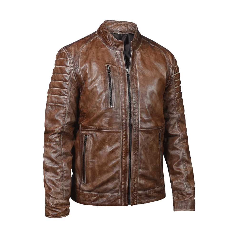 A brown leather motorcycle jacket with a mandarin collar, zipper details, and pockets on the elbows and shoulders.