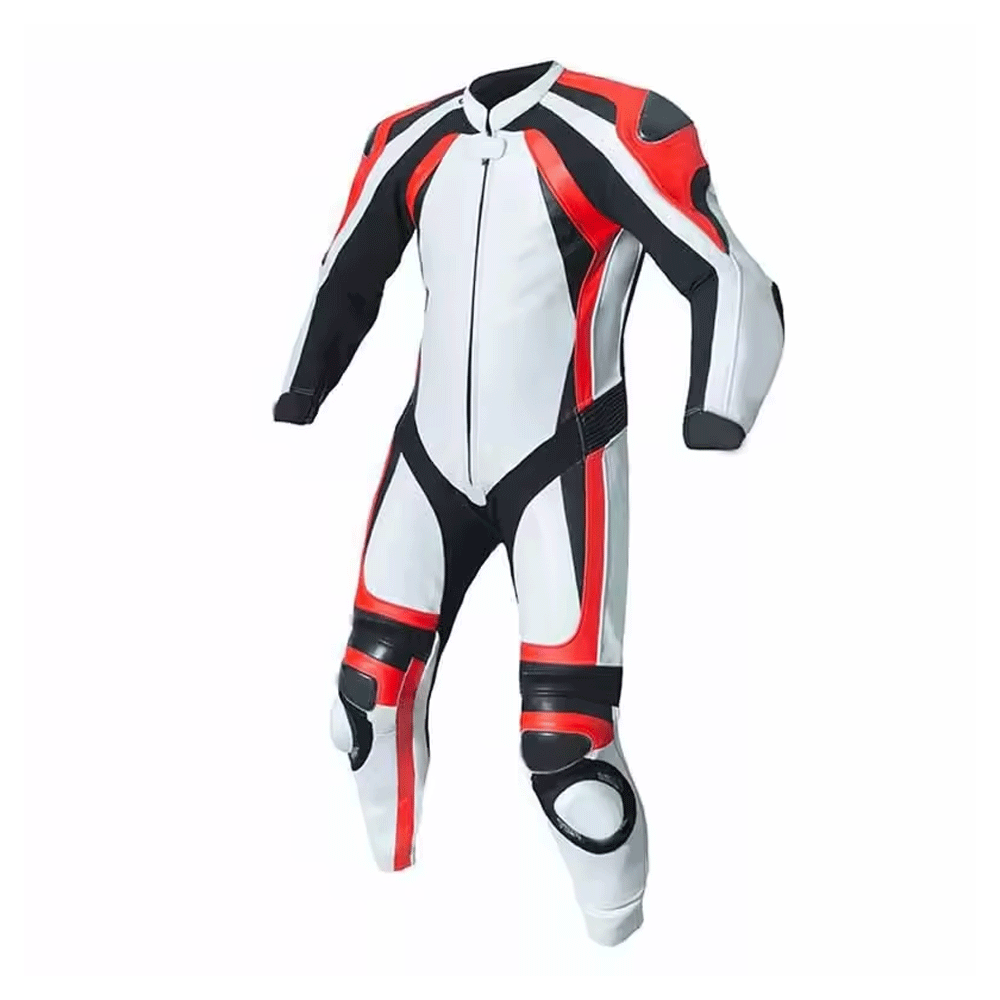A motorcycle race suit with long sleeves, predominantly white with black and red accents, featuring protective armor and ventilation panels.