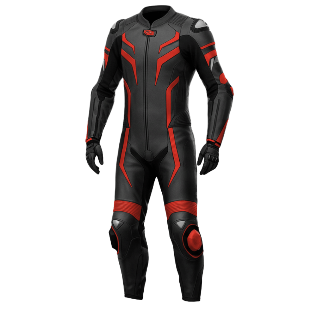 Black and red motorcycle suit on a white background