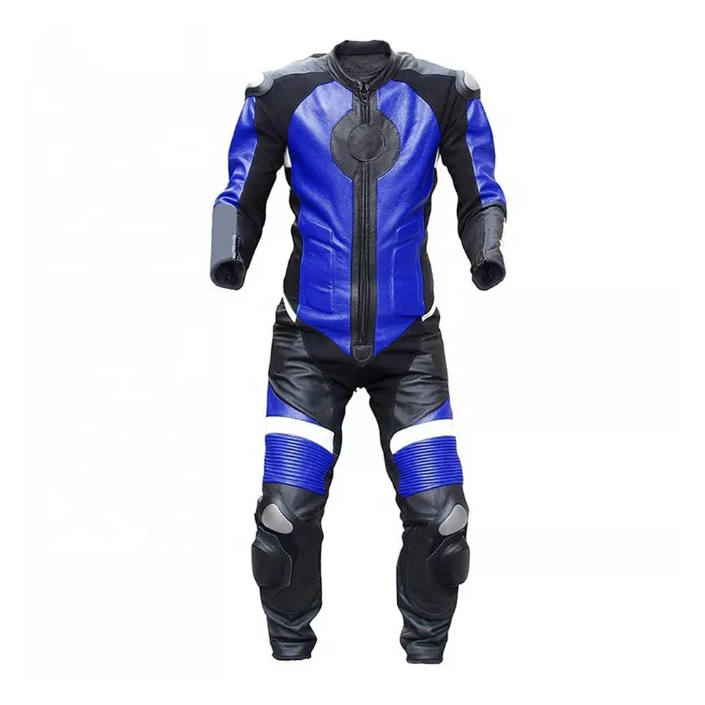 A motorcycle race suit featuring blue and black panels with metal armor and air vents, with a professional race fit design.
