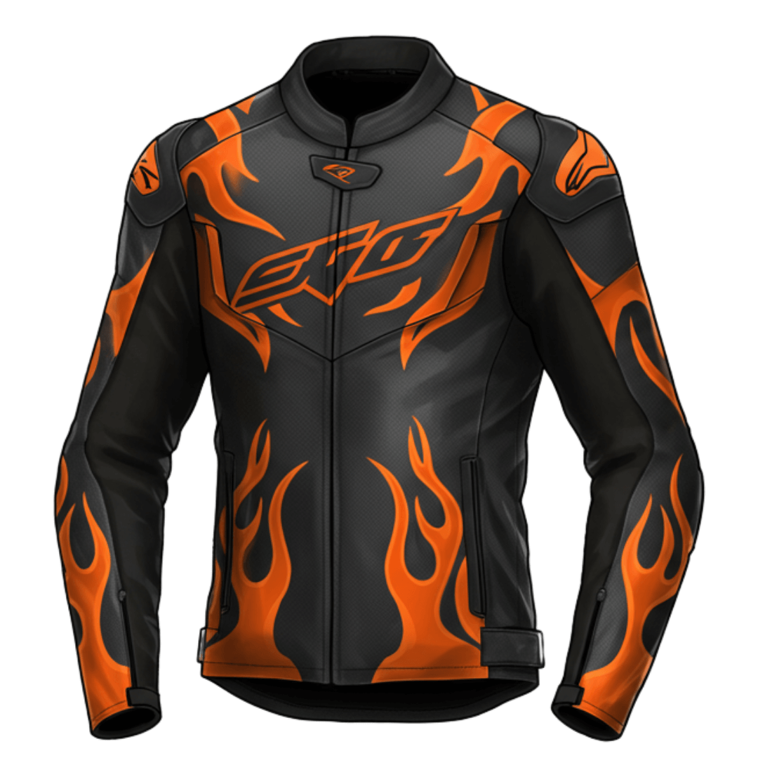 Front view of a black and orange flame motorcycle leather jacket with padded protection and a bold logo design.
