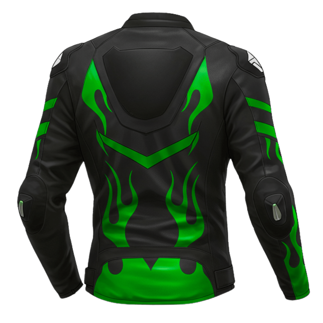 Back view of a Kawasaki motorcycle jacket featuring green flame graphics.
