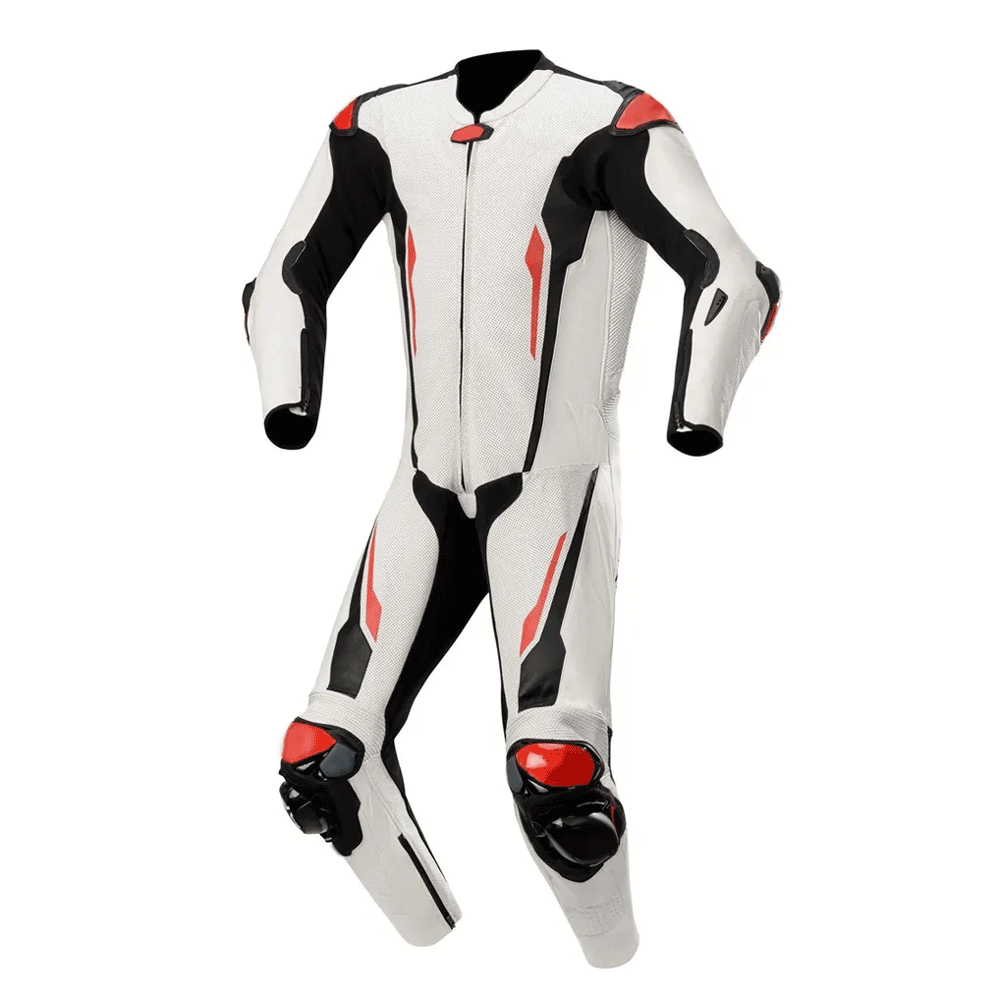 A white motorcycle race suit with black and red accents, featuring metal armor protectors on the back and thigh.