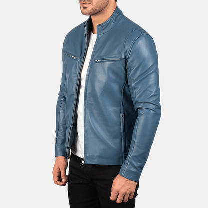 Turbo Blue Men Leather Motorcycle Jacket