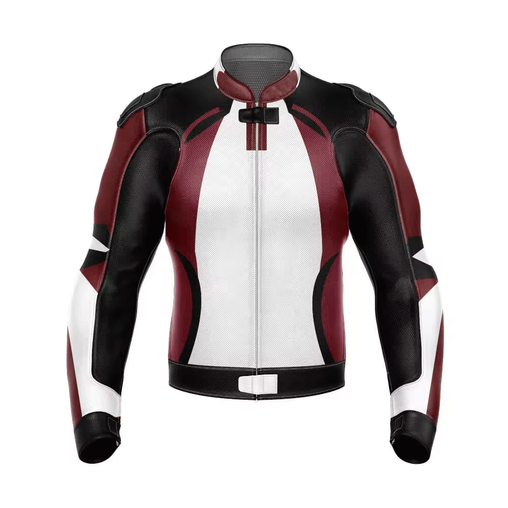 A brown and black leather motorcycle jacket with a distinctive orange stripe design, featuring pockets at elbows and shoulders, and embroidered leather applique graphics.
