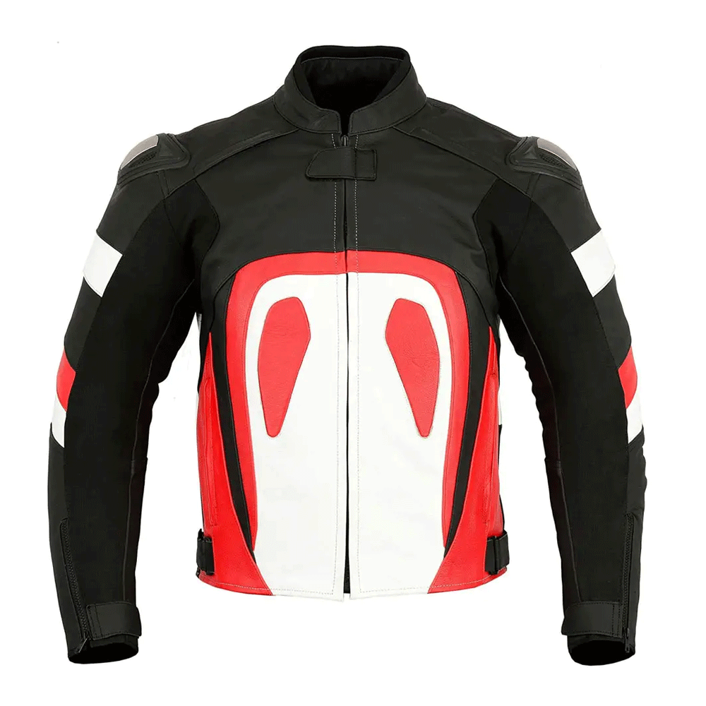 A black and red motorcycle leather jacket with white accents and distinctive orange stripe design, featuring a front zipper and pockets at the elbows and shoulders.