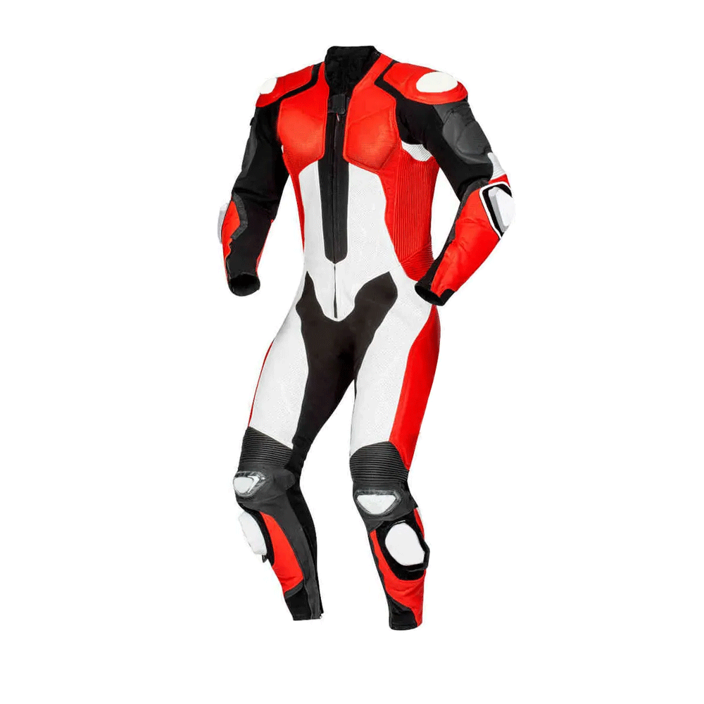 A red and black motorcycle leather suit with metal armor and air vents, designed for professional racing.