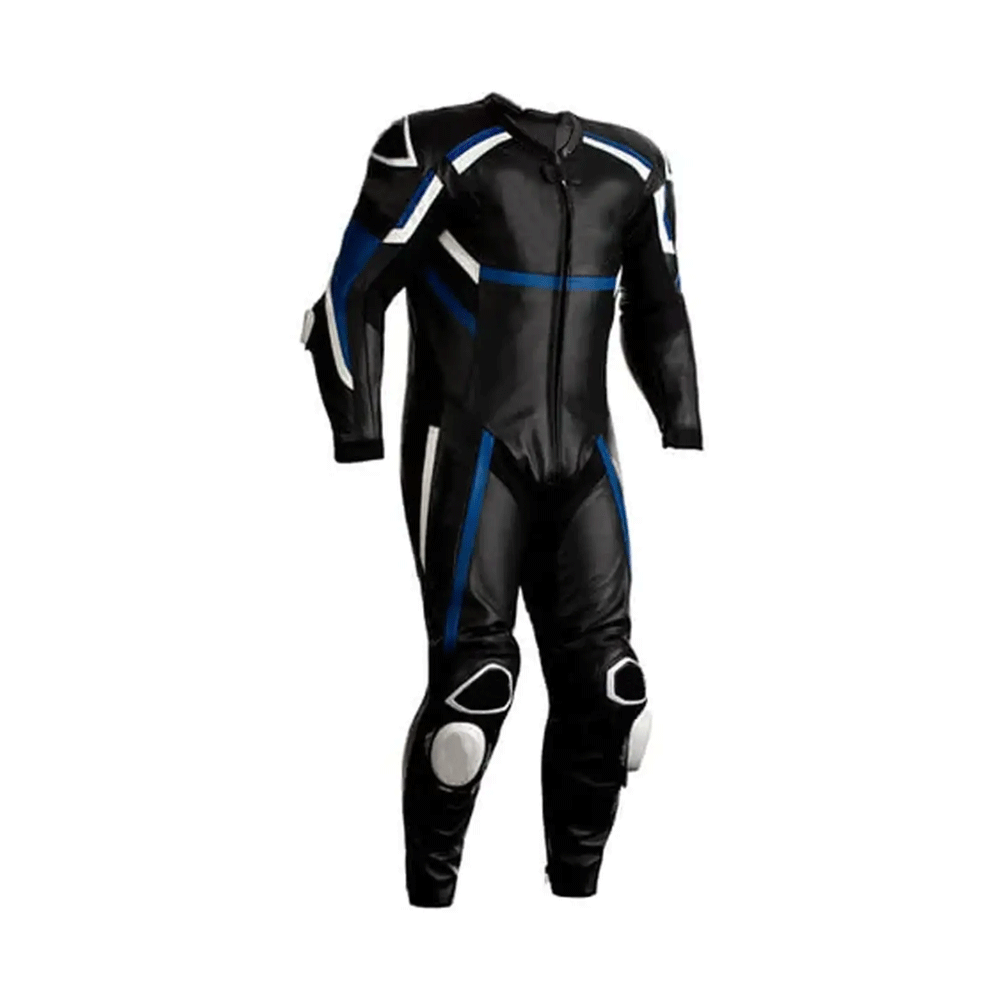 A black motorcycle race suit with blue accents and metal armor on the elbows and thighs.