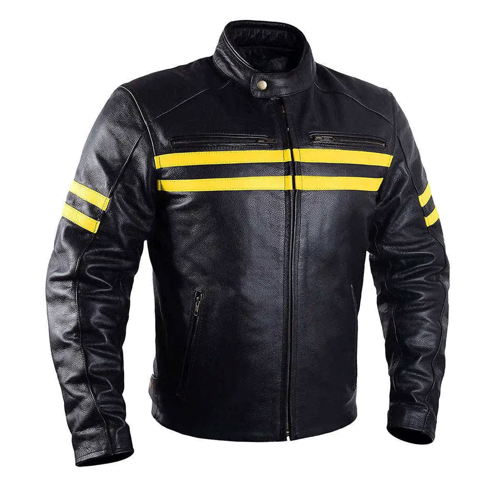 A black leather motorcycle jacket with distinctive orange stripes design, featuring a front zipper, pockets at elbows and shoulders, and embroidered leather applique graphics.
