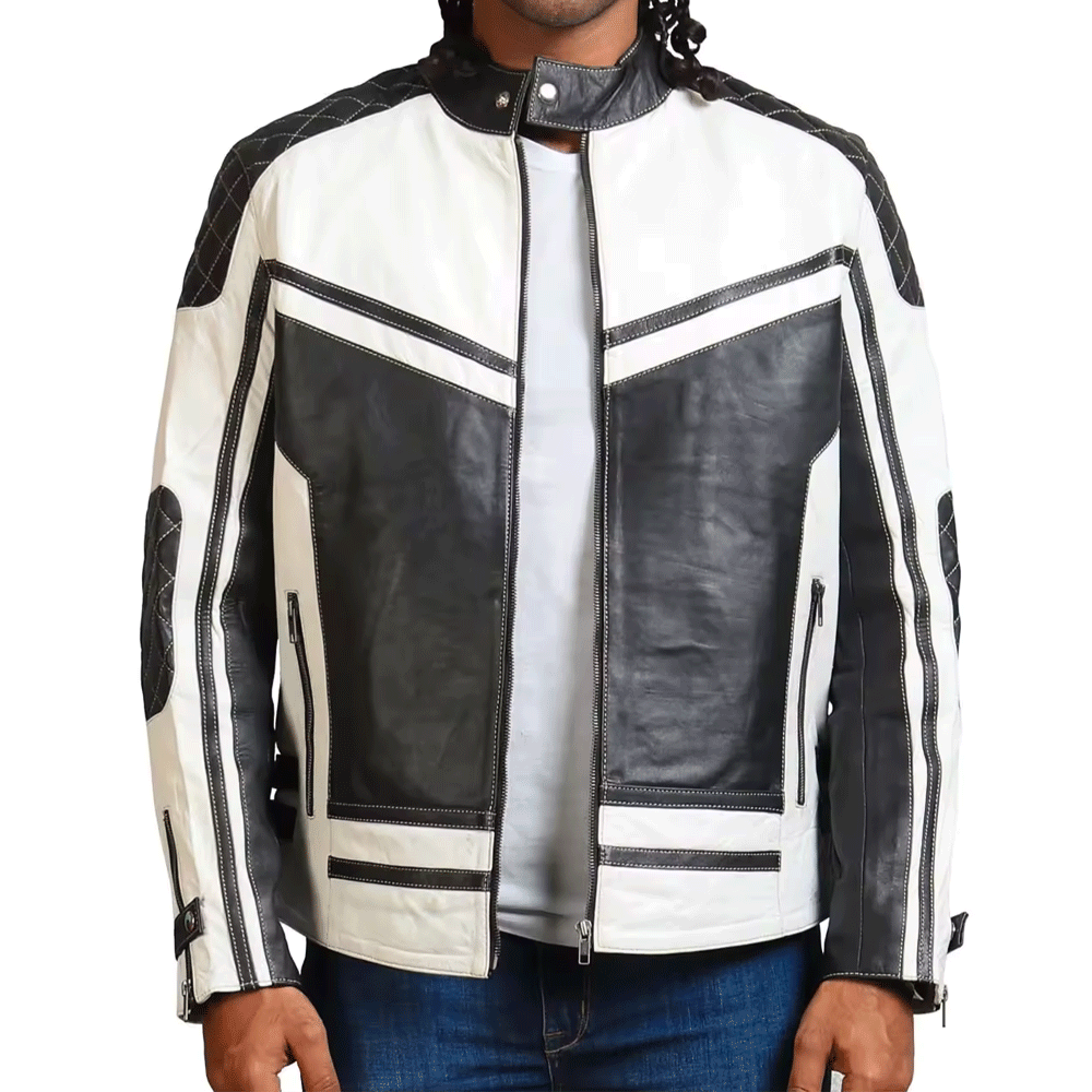 A man wearing a silver and black leather motorcycle jacket with embroidered leather applique graphics, featuring a front zipper and pockets on the elbows and shoulders.