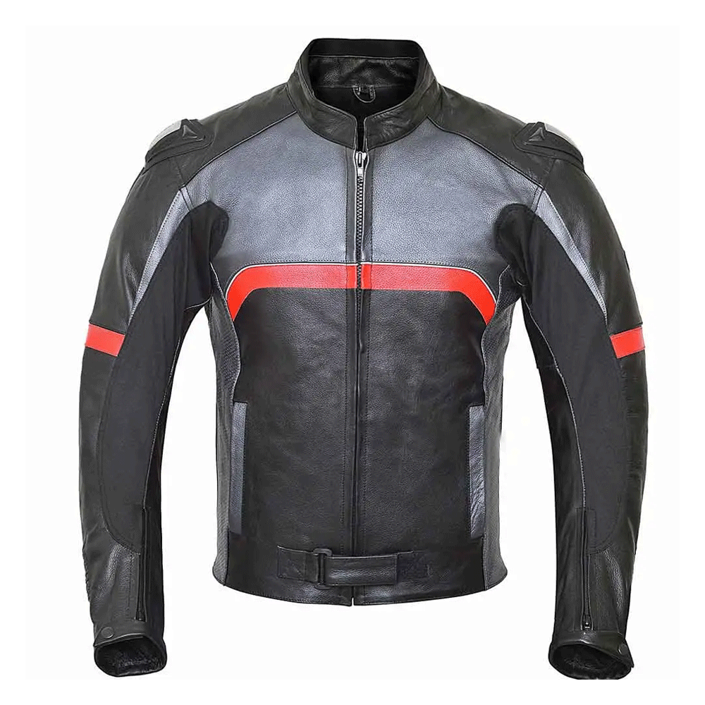 A black leather motorcycle jacket with red and gray accents, a front zipper, and pockets on the elbows and shoulders.