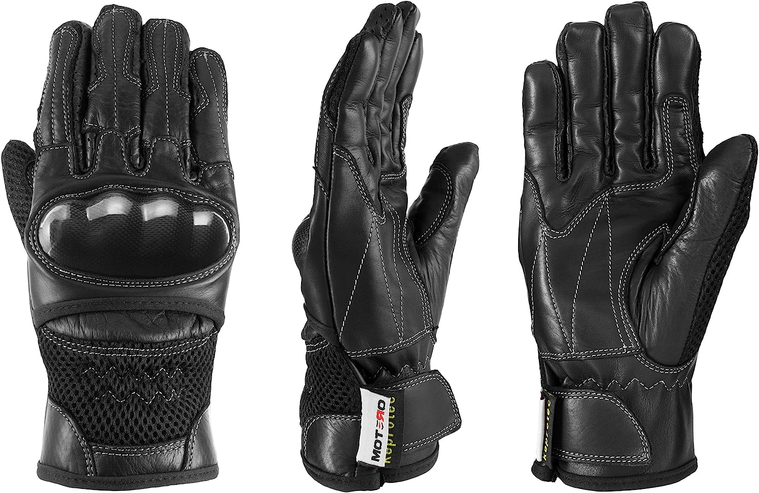 A pair of black motorbike gloves with thick padding on the wrist area and velcro straps for adjustability.